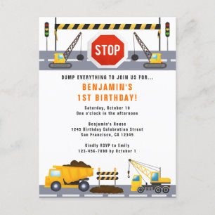 Invitación de cumpleaños número 1 con camiones de