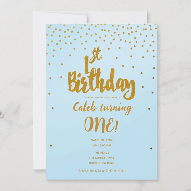 Invitación de cumpleaños número 1 con confeti azul (Anverso)