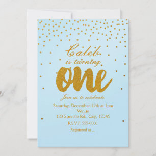 Invitación de cumpleaños número 1 con confeti azul