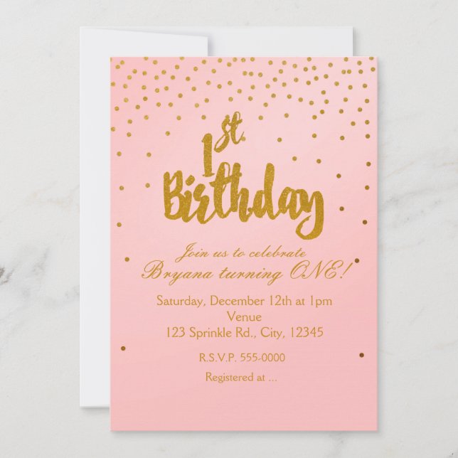 Invitación de cumpleaños número 1 con confeti rosa (Anverso)