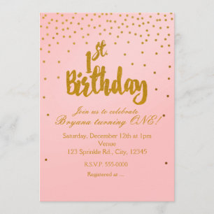Invitación de cumpleaños número 1 con confeti rosa