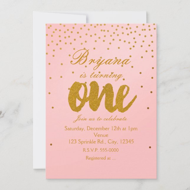 Invitación de cumpleaños número 1 con confeti rosa (Anverso)