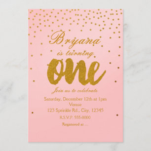 Invitación de cumpleaños número 1 con confeti rosa