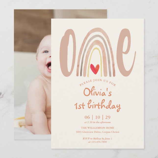 Invitación de Cumpleaños número 1 con Corazón de A (Anverso / Reverso)