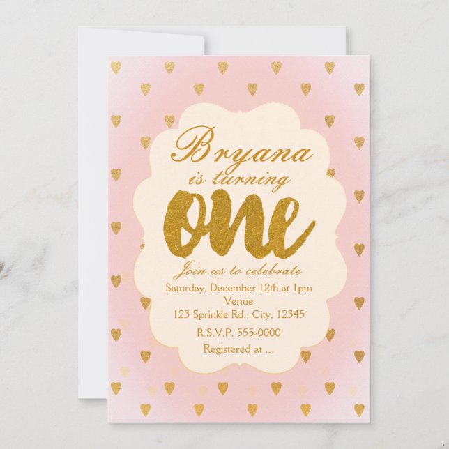 Invitación de cumpleaños número 1 con corazones do (Anverso)