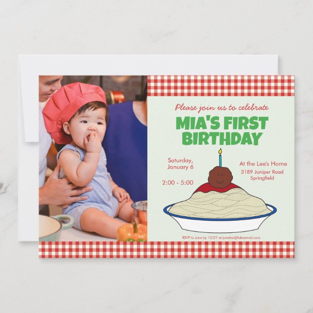 Invitación de cumpleaños número 1 con espaguetis y (Anverso)