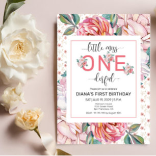 Invitación de cumpleaños número 1 con flores rosad
