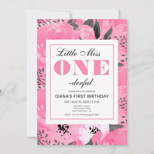 Invitación de cumpleaños número 1 con flores rosad (Anverso)