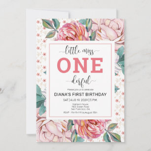 Invitación de cumpleaños número 1 con flores rosad
