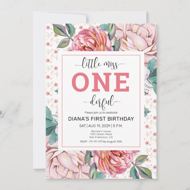 Invitación de cumpleaños número 1 con flores rosad (Anverso)