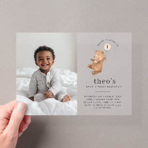 Invitación de cumpleaños número 1 con foto de oso