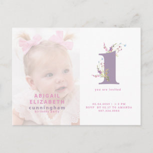Invitación de cumpleaños número 1 con foto rosa y