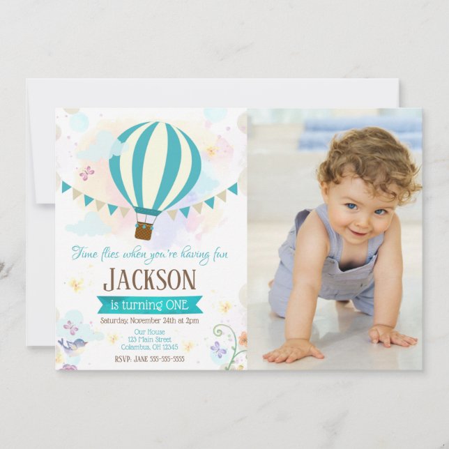 Invitación de cumpleaños número 1 con globo aerost (Anverso)