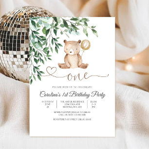 Invitación de cumpleaños número 1 con globo y oso
