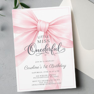 Invitación de cumpleaños número 1 con lazo rosa
