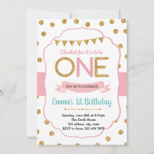 Invitación de cumpleaños número 1 con lunares rosa