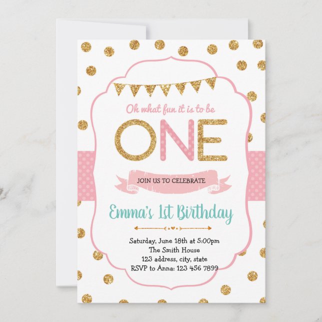 Invitación de cumpleaños número 1 con lunares rosa (Anverso)