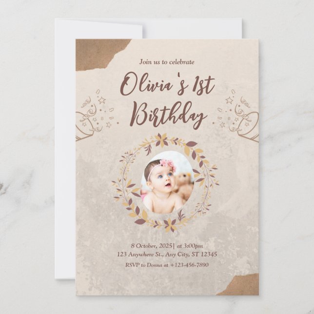 Invitación de cumpleaños número 1 con papel marrón (Anverso)