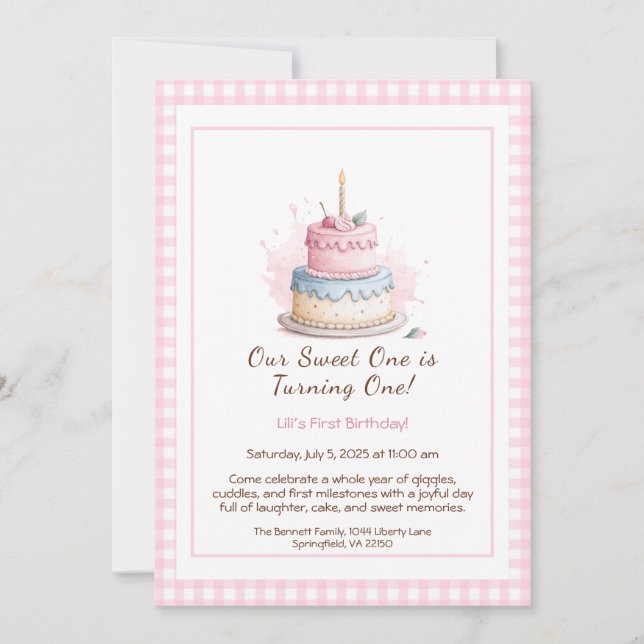 Invitación de cumpleaños número 1 con pastel rosa  (Anverso)