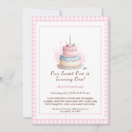Invitación de cumpleaños número 1 con pastel rosa