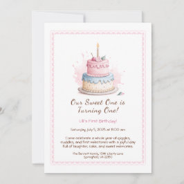 Invitación de cumpleaños número 1 con pastel rosa