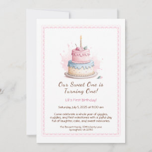 Invitación de cumpleaños número 1 con pastel rosa 