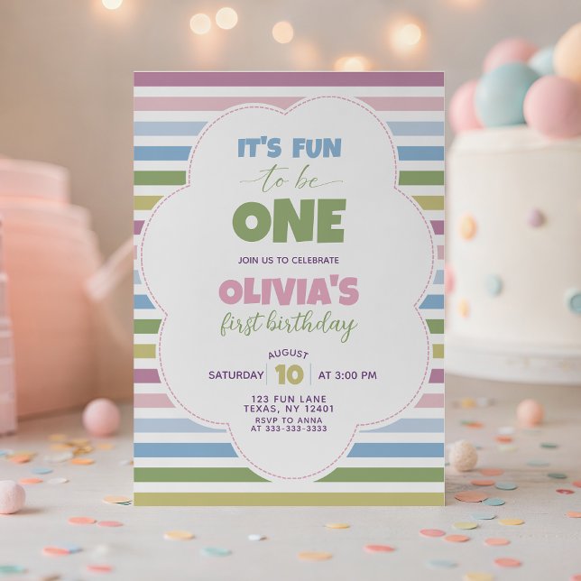 Invitación de cumpleaños número 1 con rayas pastel (Subido por el creador)