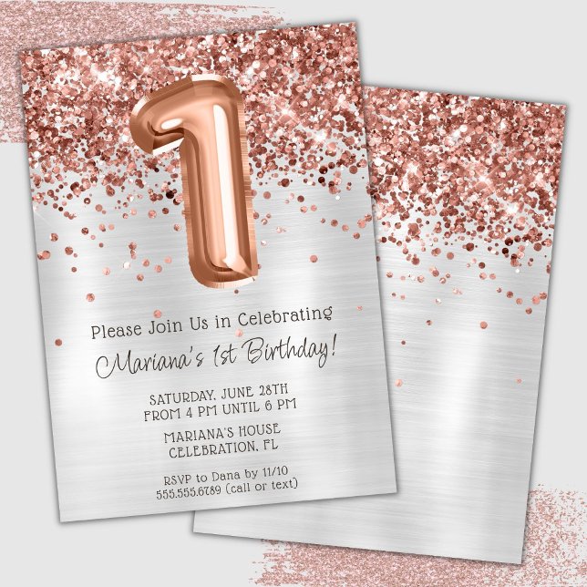 Invitación de cumpleaños número 1 con Rosa Dorado  (Subido por el creador)