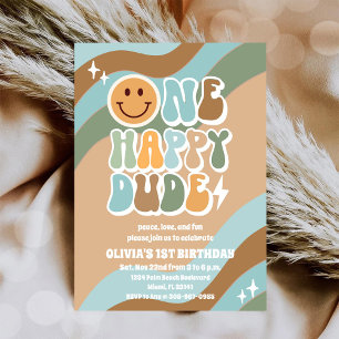 Invitación de cumpleaños número 1 con Smiley Retro