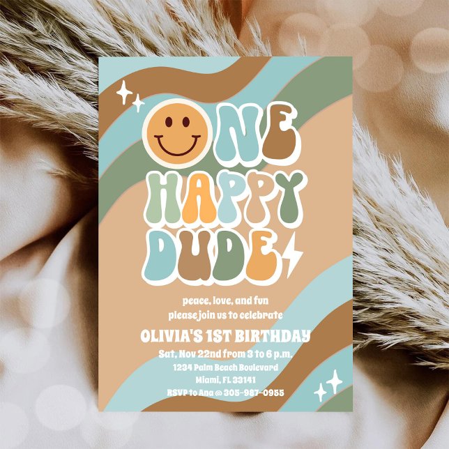 Invitación de cumpleaños número 1 con Smiley Retro (Subido por el creador)