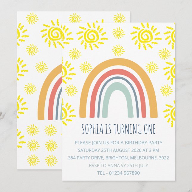 Invitación de Cumpleaños número 1 con Sol de Arcoí (Anverso / Reverso)