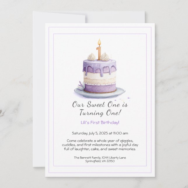Invitación de cumpleaños número 1 con tarta de acu (Anverso)