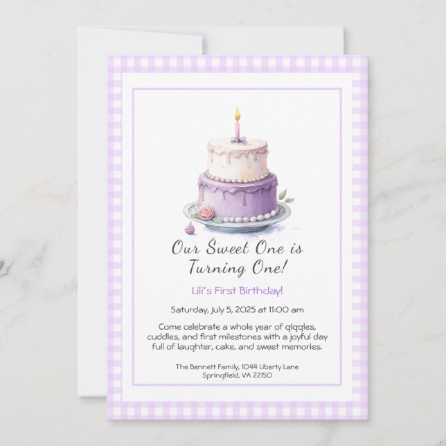 Invitación de cumpleaños número 1 con tarta de acu (Anverso)