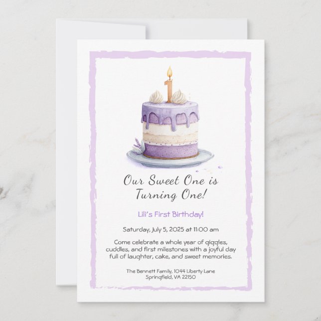 Invitación de cumpleaños número 1 con tarta de acu (Anverso)