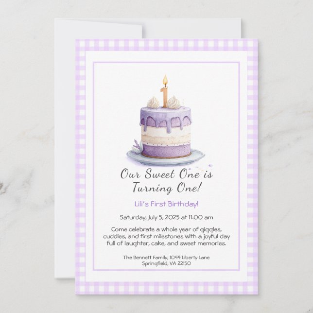 Invitación de cumpleaños número 1 con tarta de acu (Anverso)