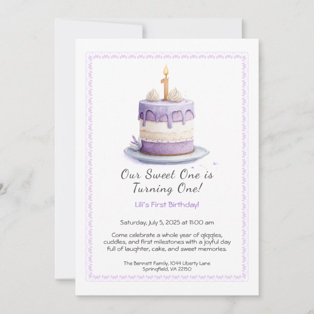 Invitación de cumpleaños número 1 con tarta de acu (Anverso)