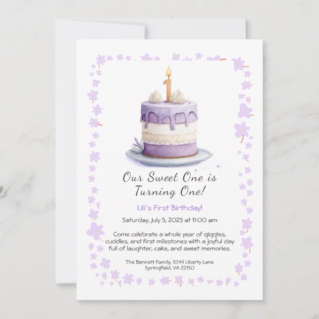 Invitación de cumpleaños número 1 con tarta de acu (Anverso)