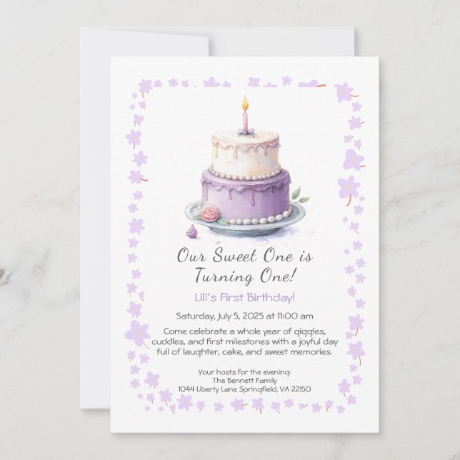 Invitación de cumpleaños número 1 con tarta de lav (Anverso)