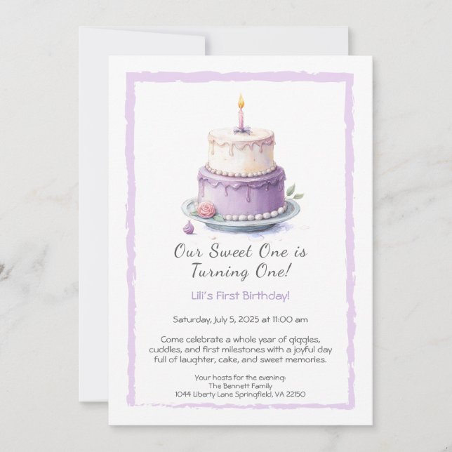 Invitación de cumpleaños número 1 con tarta de lav (Anverso)