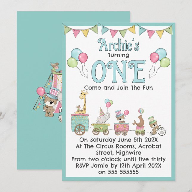 Invitación de cumpleaños número 1 con tema de circ (Anverso / Reverso)
