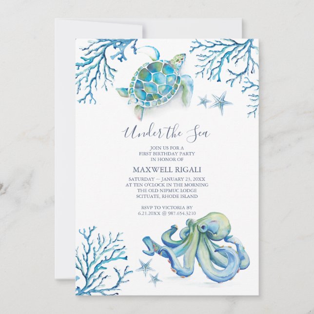 Invitación de cumpleaños número 1 con tema de océa (Anverso)