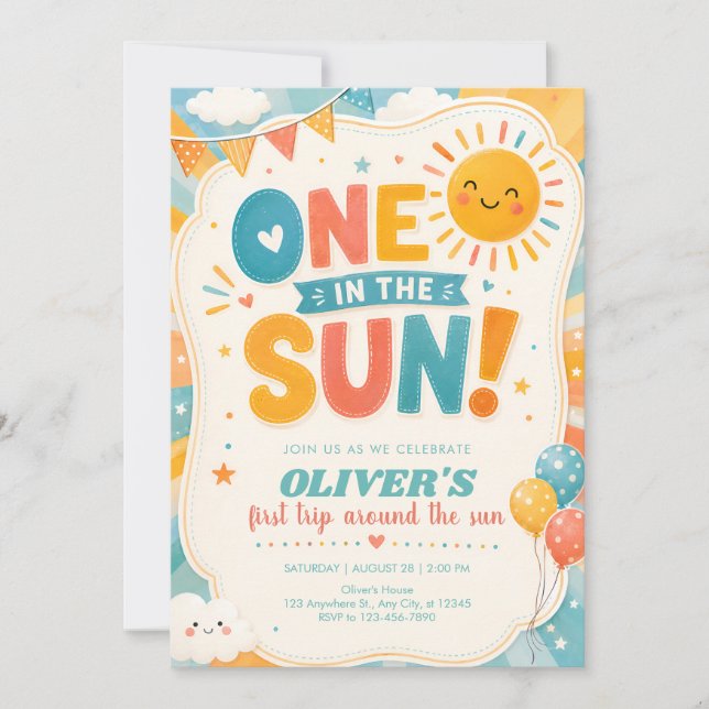 Invitación de cumpleaños número 1 con tema de sol (Anverso)