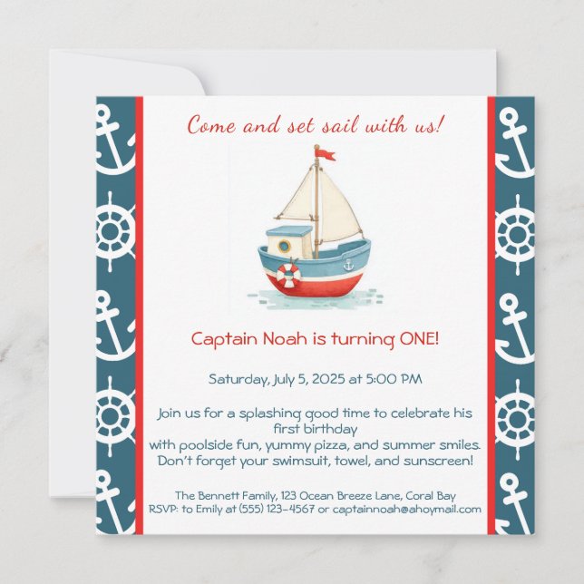 Invitación de cumpleaños número 1 con tema náutico (Anverso)
