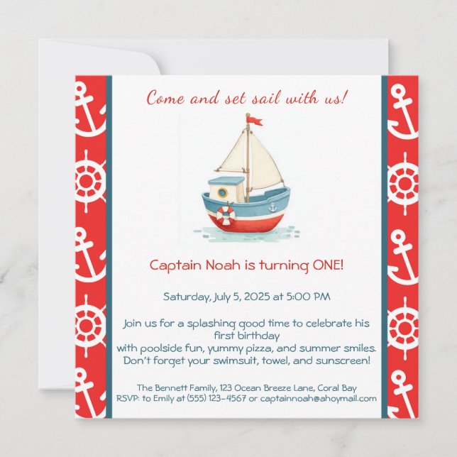 Invitación de cumpleaños número 1 con tema náutico (Anverso)