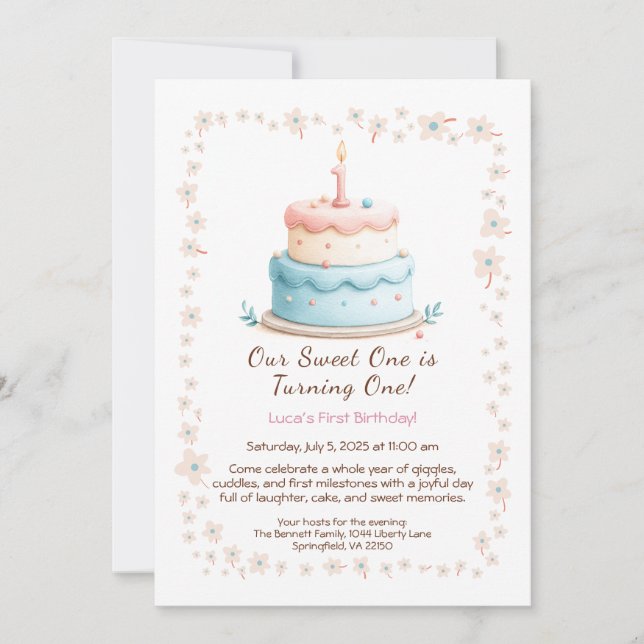 Invitación de cumpleaños número 1 con vela de past (Anverso)