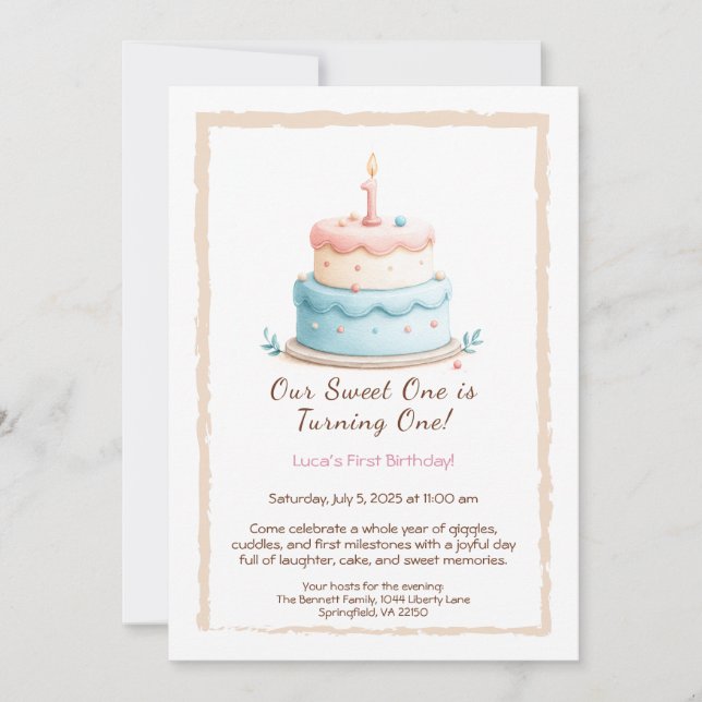 Invitación de cumpleaños número 1 con vela de past (Anverso)