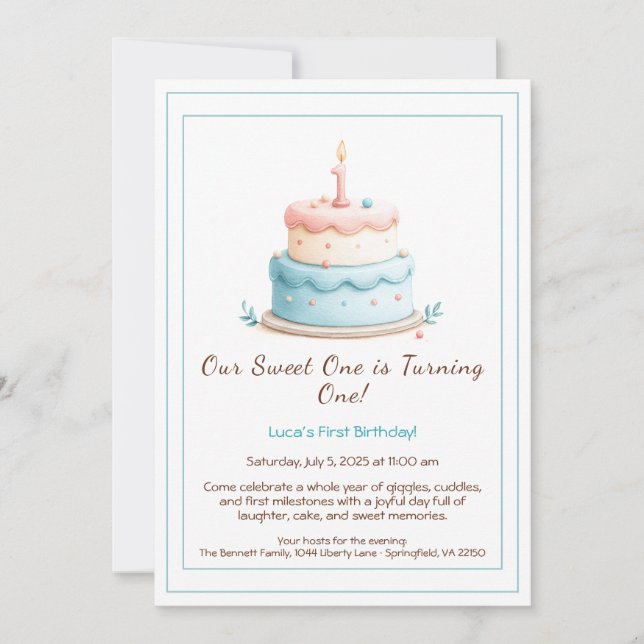 Invitación de cumpleaños número 1 con vela de past (Anverso)