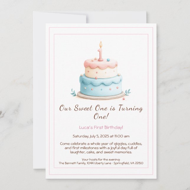 Invitación de cumpleaños número 1 con vela de past (Anverso)