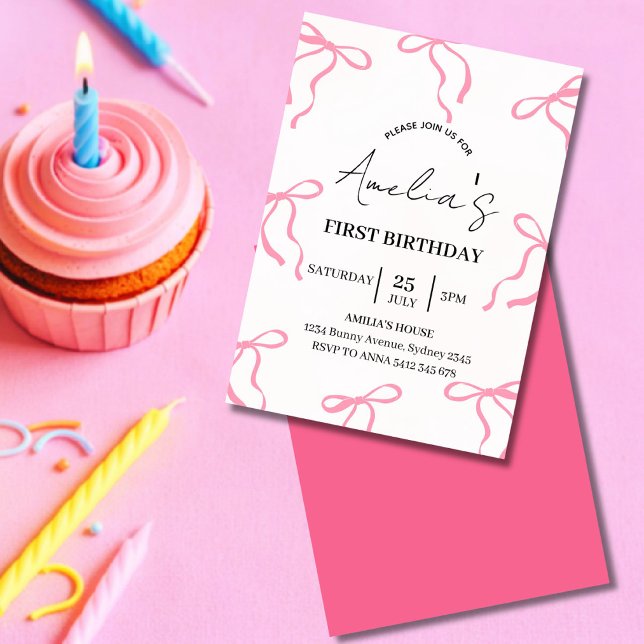 Invitación de cumpleaños número 1 Coquette lazo ro (Pink bow invitation for girls, perfect for first birthday or any age party)