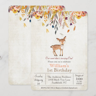 Invitación de cumpleaños número 1 de Baby Deer Fal